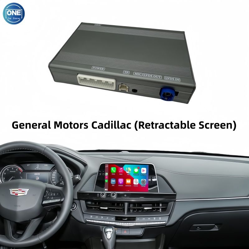 Беспроводной модуль CarPlay для интерфейса General Motors Cadillac (Retractable Screen) и Android Auto поддерживает Bluetooth-аудио, вход для камеры и зеркалирование экрана смартфона.
